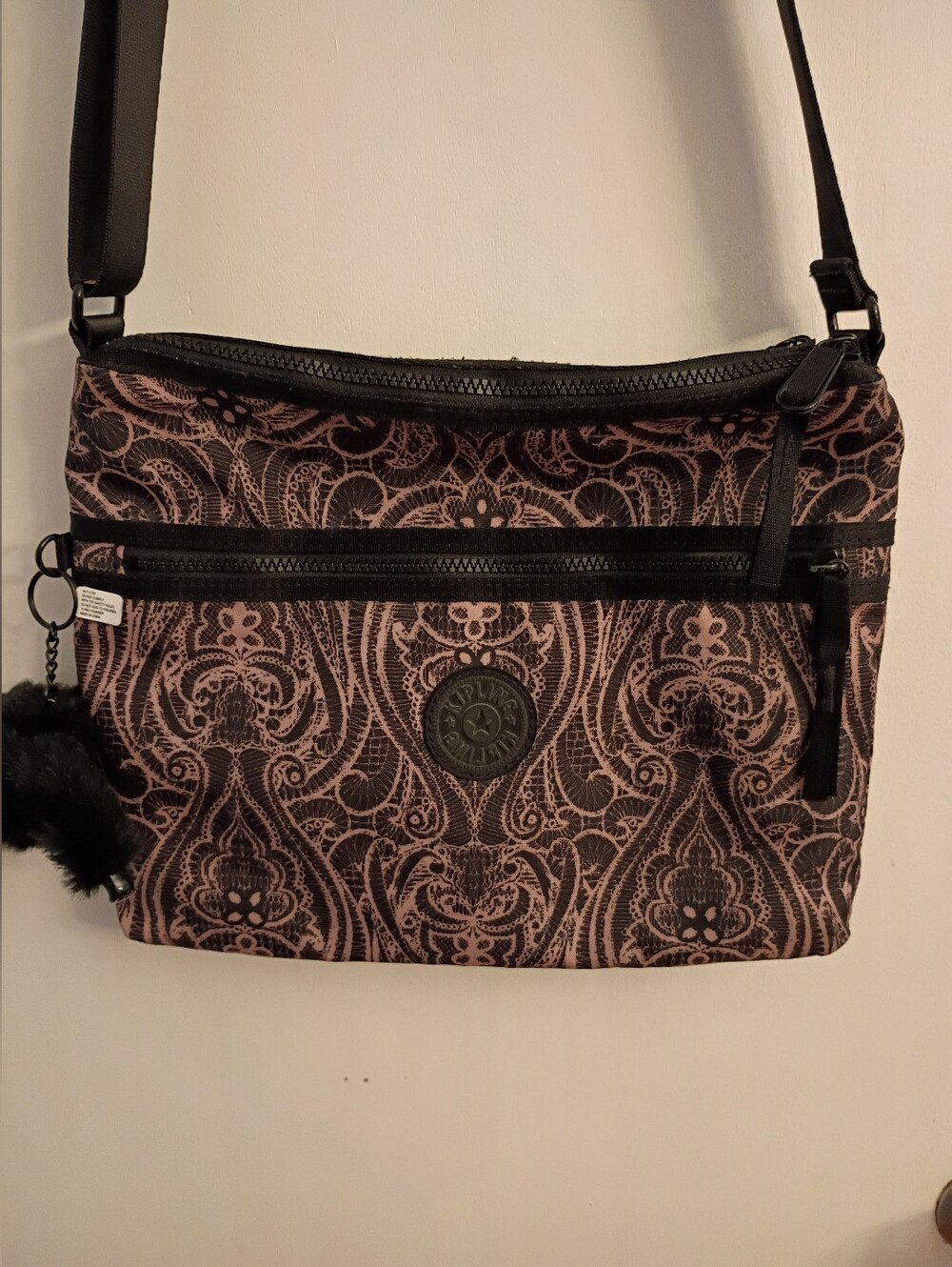 Kipling Pink and Black Paisley Crossbody Bag